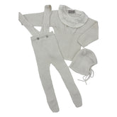CARMINA 4PC KNIT COLLARED TOP WITH SUSPENDER OVERALLS , BONNET  & BLANKET SET